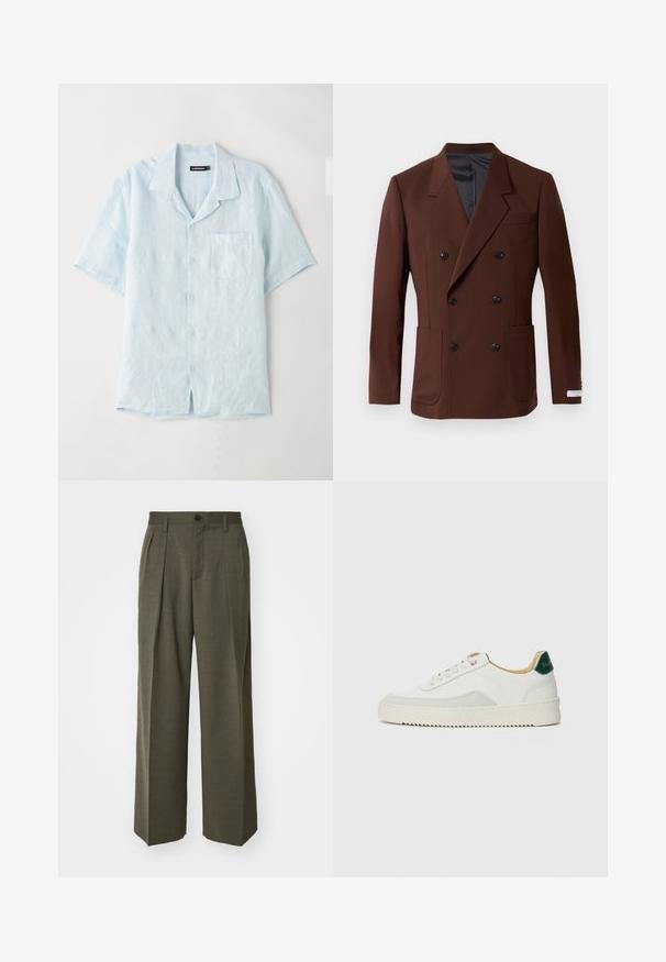 Blazer doppiopetto marrone con rever a lancia, due tasche frontali, bottoni neri e foderato interno liscio. Vestibilità su misura.; Camicia azzurra a maniche corte con bottoni realizzata in lino, dotata di taschino sul petto, colletto a punta e una vestibilità rilassata con orlo dritto.; Filippa K WIDE TROUSERS - Pantaloni - driftwood; Sneaker bianco con accenti in camoscio, punta rotonda, lacci piatti e suola in gomma crema. Presenta un marchio verde sul tallone.