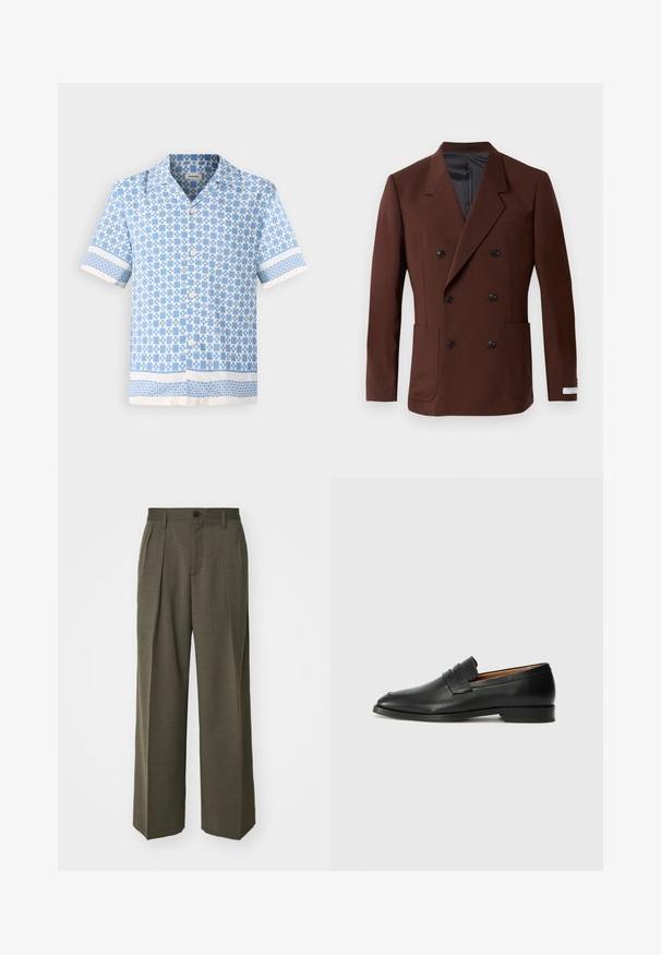 Pruun topeltkinnitusega bleiser, millel on nurgelised kraed, kaks esikotti, mustad nupud ja sile sisemine vooder. Kohandatud lõikega.; Lühikeste varrukatega nööpidega särk helesinises toonis geomeetrilise mustriga, pehme kaelusega ja valgete kontrastsete detailidega varrukatel ja äärel.; Filippa K WIDE TROUSERS - Püksid - driftwood; Must musta loafers ümarate varvastega, peene tikandiga ja madala kontsaga, millel on sile tekstuur ja minimalistlik disain.