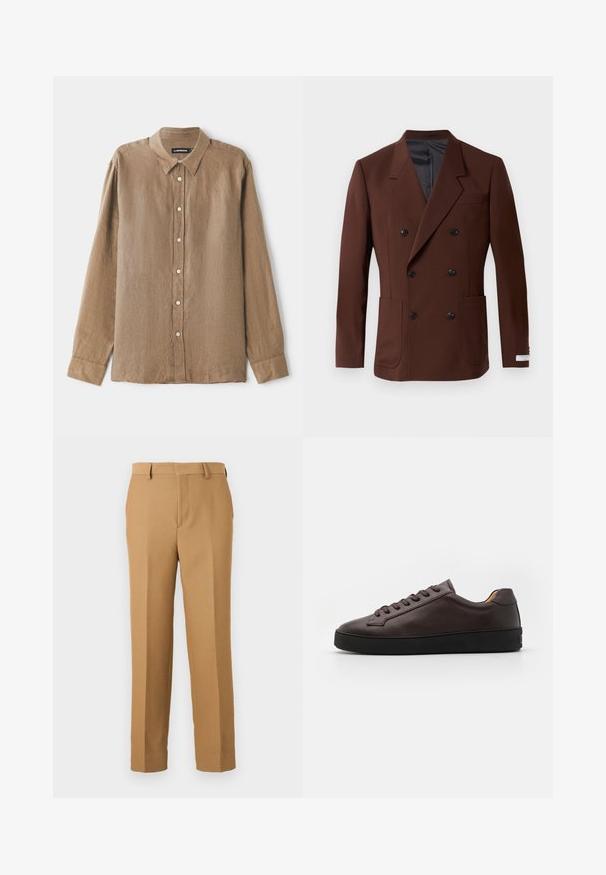 Brun dobbeltbrystet blazer med udskårne klapper, to frontlommer, sorte knapper og glat indvendig foring. Skræddersyet pasform.; Brun langærmet skjorte i et let, tekstureret stof, med krave og knaplukning foran med kontrasterende knapper. Afslappet pasform.; Beige bukser lavet af vævet stof, med lige snit, flad front og bæltestropper. Glat tekstur uden synlige mønstre.; Brune læder sneakers med en glat overflade, rund tå og sort gummisål. Har tonede snørebånd og minimalistiske design detaljer.