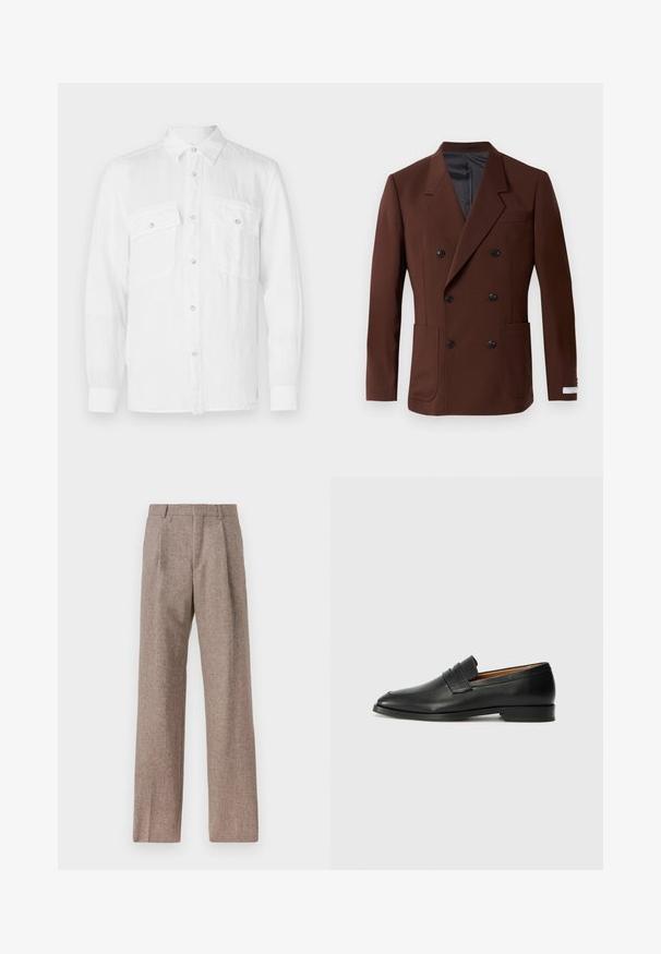 Brun dubbelknäppt blazer med slag, två framfickor, svarta knappar och en slät innerfoder. Skräddarsydd passform.; Vit skjorta med knappar i lätt tyg, med krage, långa ärmar och två framfickor med knäppningar.; Bruna, högmidjade byxor i texturerat tyg. Har vida ben och två framvikningar för struktur. Välavslutad utan synlig hårdvara.; Svart läderloafersko med rund tå, subtila sömnadsdetaljer och låg klack, med en jämn yta och minimalistisk design.