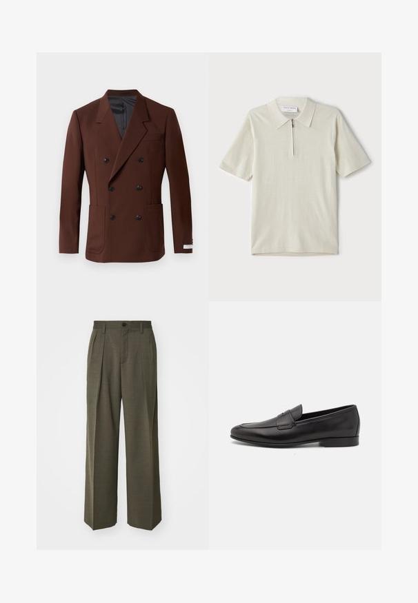 Blazer marrón de doble botonadura con solapas de muesca, dos bolsillos frontales, botones negros y un forro interior suave. Corte ajustado.; Polo de manga corta en un beige claro con cuello con cremallera. Fabricado en un tejido suave, presenta un diseño sencillo y moderno sin patrones.; Filippa K WIDE TROUSERS - Pantalones - driftwood; Mocasín negro de cuero para hombres con un tacón bajo y un diseño clásico de cinta para monedas, mostrado en perfil lateral sobre un fondo blanco.