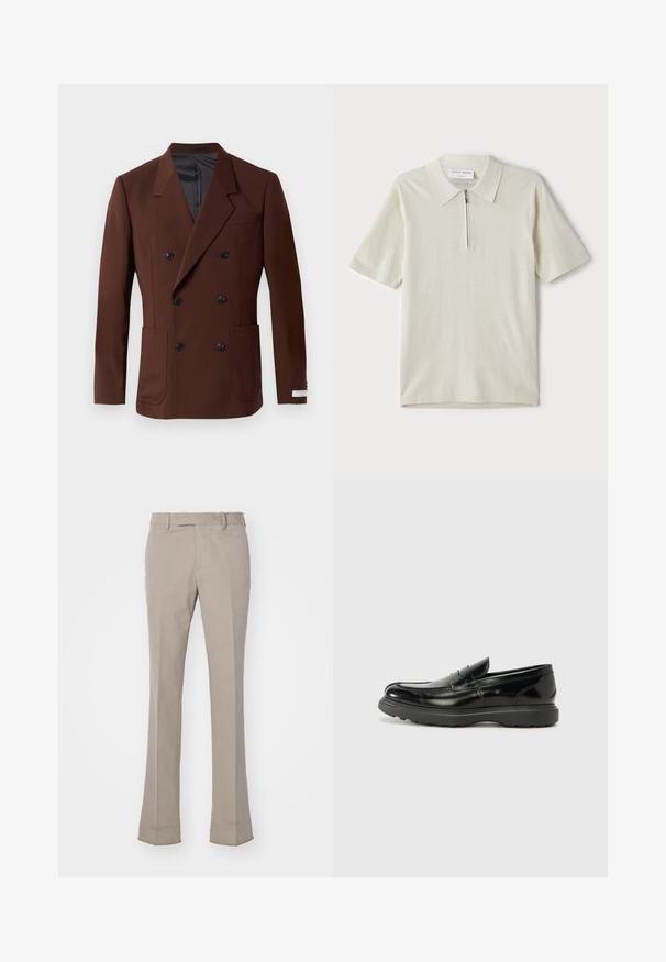 Pruun topeltkinnitusega bleiser, millel on nurgelised kraed, kaks esikotti, mustad nupud ja sile sisemine vooder. Kohandatud lõikega.; Lühikeste varrukatega polo särk heles beeži värviga, millel on tõmblukk kaeluses. Valmistatud siledast kangast, minimalistlik ja kaasaegne disain ilma mustriteta.; Heledadbeige püksid sirge lõikega, valmistatud siledast kangast. Omab vööloopide kummipaela ja puhta, kohandatud õmblustega.; Must musta nahk loafer läikiva viimistlusega, ümar varvas, delikaatsed õmblusdetailid ja paks kummist tallad vastupidavuse tagamiseks.