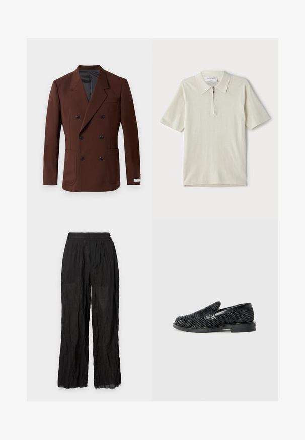 Brauner doppelt geknöpfter Blazer mit Reverskragen, zwei Vorder taschen, schwarzen Knöpfen und einem glatten Innenfutter. Taillierte Passform.; Kurzärmliges Poloshirt in hellbeige mit Reißverschlusskragen. Hergestellt aus glattem Stoff, bietet es ein einfaches, modernes Design ohne Muster.; Schwarze Leinenhose mit weitem Bein und strukturierter Oberfläche. Mit elastischem Bund und subtilen Falten.; Schwarzer geflochtener Slipper mit einem glatten Lederakzent im Obermaterial, einem runden Zehendesign und einer flachen Gummisohle.