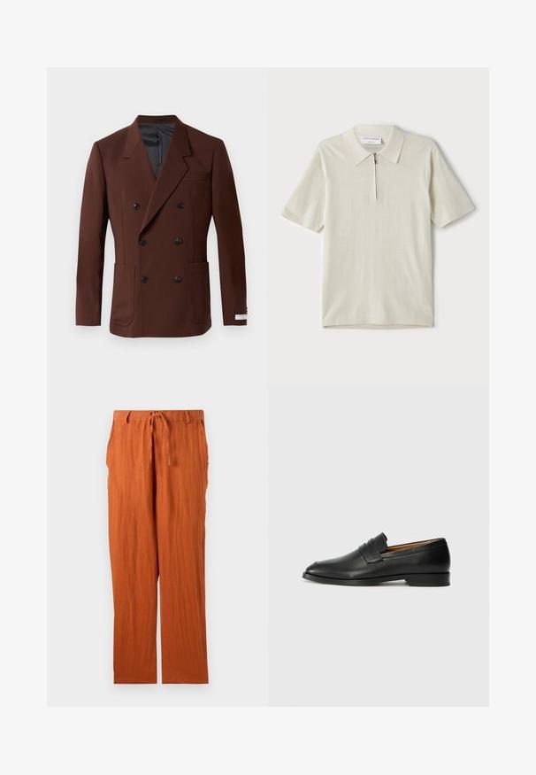 Brązowa marynarka podwójnie zapięta z klapami, dwiema przednimi kieszeniami, czarnymi guzikami i gładką podszewką. Dopasowany krój.; Koszulka polo z krótkim rękawem w jasnym beżu z zamkiem przy kołnierzu. Wykonana z gładkiej tkaniny, charakteryzuje się prostym, nowoczesnym wzornictwem bez wzorów.; Rude spodenki w kolorze rdzy, wykonane z teksturowanej tkaniny, z wiązanym paskiem w talii i prostym fasonem. Prosty i nieozdobiony styl.; Czarne skórzane mokasyny z zaokrąglonym noskiem, subtelnymi przeszyciami i niskim obcasem, charakteryzujące się gładką teksturą i minimalistycznym designem.
