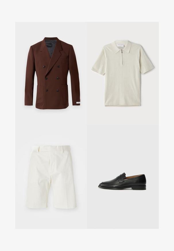 Ruskea kaksirivinen bleiseri, jossa on lovatut kaulukset, kaksi etutaskua, mustat napit ja sileä sisävuori. Muotoonommeltu malli.; Vaate lyhythihaisista polo-paitojen vaaleassa beige-värissä, jossa on vetoketjukaulus. Valmistettu sileästä kankaasta, yksinkertainen ja moderni malli ilman kuvioita.; Valkoiset puuvillashortsit suoralinjaisella leikkuulla, joissa on tasainen etuosa, vyölenkit ja sileä pinta. Ei näkyviä kuvioita tai yksityiskohtia.; Musta nahkainen loafer, jossa on pyöreä kärki, hienovarainen ommelkoristelu ja matala korko, joka on varustettu sileällä pinnalla ja minimalistisella designilla.
