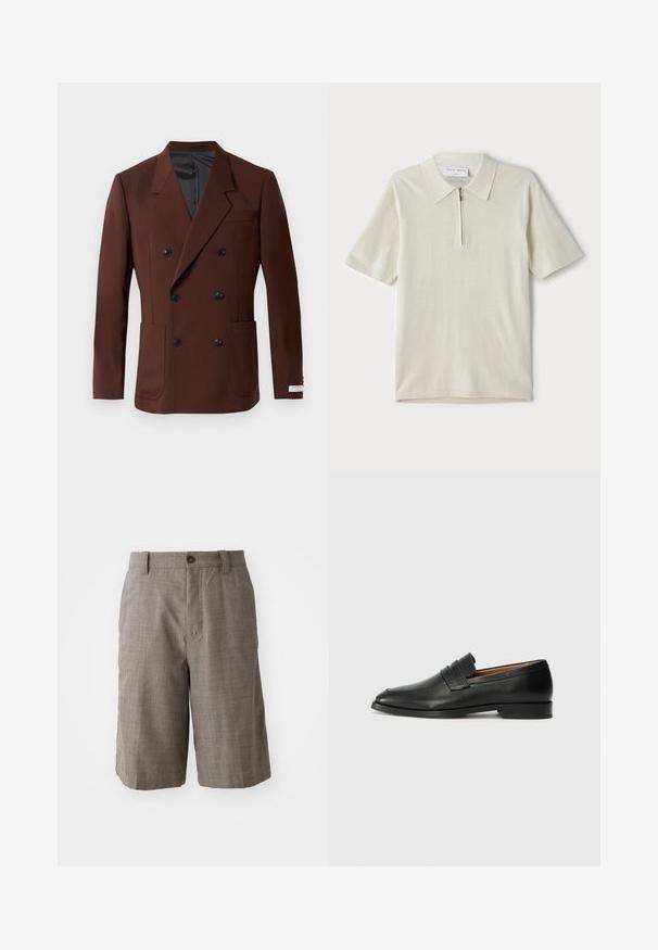 Bruine dubbelbreasted blazer met ingelegde revers, twee voorzakken, zwarte knopen en een gladde binnenvoering. Gepaste pasvorm.; Korte mouwen polo in lichtbeige met een ritskraag. Gemaakt van gladde stof, voorzien van een eenvoudig, modern ontwerp zonder patronen.; Grijze geruite shorts met een op maat gemaakte pasvorm, voorzien van een sluiting met een knoop aan de voorkant en twee zijzakken. Gemaakt van textuurstof.; Zwarte leren instapper met een ronde neus, subtiele stikdetails en een lage hak, met een gladde textuur en een minimalistisch ontwerp.