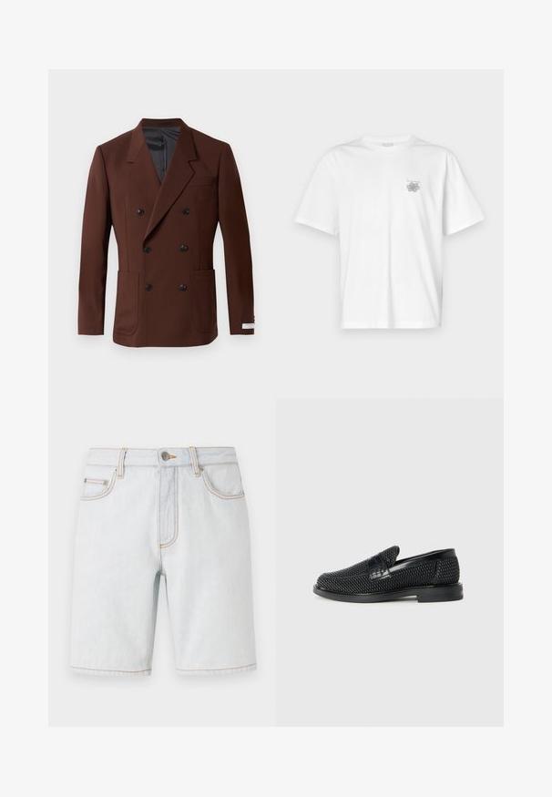 Rudas dvigubas švarkas su įpjautais atlapais, dviem priekiniuose kišenėse, juodais mygtukais ir lygiu pamušalu. Prisiūtas kirpimas.; Balta medvilninė marškinėlių, su trumpomis rankovėmis, apykaklė nei per aukšta, nei per žema, ir mažas pilkas logotipas kairėje krūtinės pusėje. Lygi tekstūra.; Bally Džinsiniai šortai - light blue; Juodas pintas slip-on tipo batelis su lygiu odiniu akcentu viršuje, apvalios nosies dizainas ir žemas guminis padas.