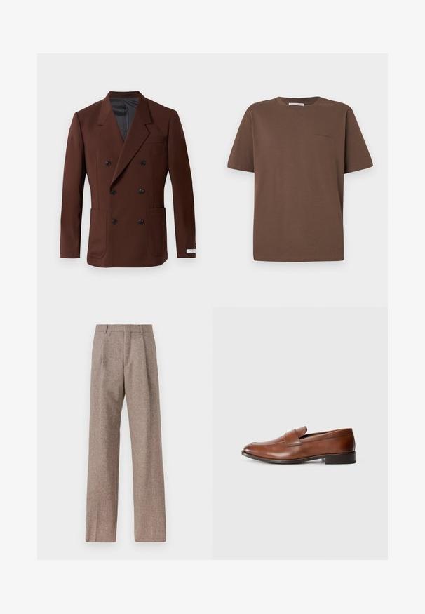 Rjav dvoredni blazer z izrezanimi reverji, dvema sprednjima žepoma, črnimi gumbi in gladkim notranjim oblačilom. Prilagojena fit.; Rjava bombažna majica s krožnim izrezom, kratkimi rokavi in majhnim logotipom, natisnjenim spredaj. Ravna tekstura tkanine, sproščen kroj.; Rjave hlače z visokim pasom, izdelane iz teksturirane tkanine. Imajo široke noge in dve sprednji pregibi za strukturo. Urejen zaključek brez vidne strojne opreme.; Rjave usnjene loafers čevlje z zaobljenim prstom, minimalnim šivanjem in nizko blok peto. Imajo dekorativen trak čez zgornji del.