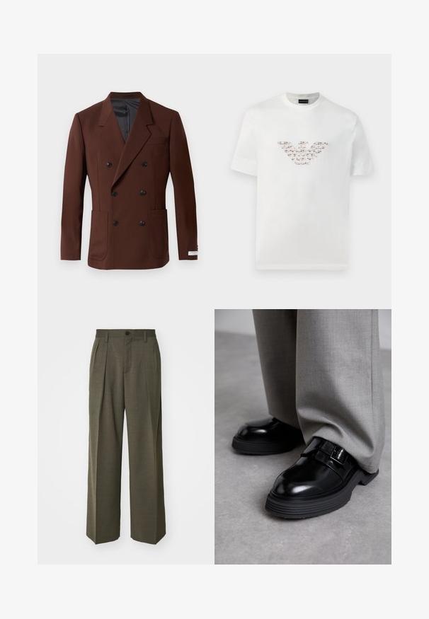 Bruine dubbelbreasted blazer met ingelegde revers, twee voorzakken, zwarte knopen en een gladde binnenvoering. Gepaste pasvorm.; Witte katoenen t-shirt met korte mouwen en een ronde hals. Heeft een centraal logo ontwerp in roze en bruine tinten.; Filippa K WIDE TROUSERS - Broek - driftwood; The Antipode DERBY - Instappers - black