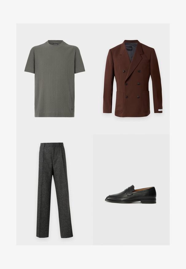Brown double-breasted blazer with notched lapels, two front pockets, black buttons, and a smooth interior lining. Tailored fit.; Short-sleeve T-shirt in olive green, textured fabric with a subtle pattern, crew neck, relaxed fit, and small logo on the lower hem.; Gray tailored trousers made of textured fabric, featuring two front pleats and a straight-leg design. No visible pockets or embellishments.; Black leather loafer with a rounded toe, subtle stitched detailing, and a low heel, featuring a smooth texture and minimalist design.