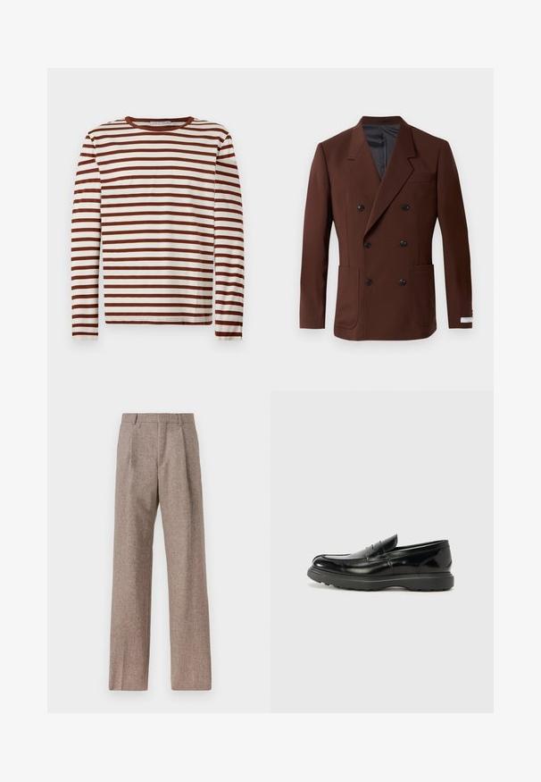 Rjav dvoredni blazer z izrezanimi reverji, dvema sprednjima žepoma, črnimi gumbi in gladkim notranjim oblačilom. Prilagojena fit.; Majica s dolgimi rokavi in krojnim ovratnikom z vodoravnimi rjavimi in belimi črtami, narejena iz mehke tkanine, položena na svetlem ozadju.; Rjave hlače z visokim pasom, izdelane iz teksturirane tkanine. Imajo široke noge in dve sprednji pregibi za strukturo. Urejen zaključek brez vidne strojne opreme.; Črne usnjene loafer čevlje z sijajno obdelavo, okroglo špico, subtilnimi šivi in debelim gumijastim podplatom za trajnost.