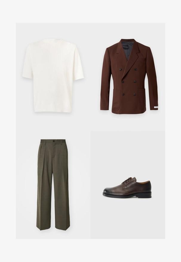Rjav dvoredni blazer z izrezanimi reverji, dvema sprednjima žepoma, črnimi gumbi in gladkim notranjim oblačilom. Prilagojena fit.; Bela kratka majica s kratkimi rokavi iz rebrastega džersija. Okrogla odprtina za vrat in mehak tekstur. Ravnokoten kroj z rahlim leskom. Lahka, vsestranska zasnova.; Filippa K WIDE TROUSERS - Hlače - driftwood; Rjave usnjene čevlje z zaobljenim nosom, nizko peto, vezalnim dizajnom in gladko površino. Imajo minimalne šive in sijajno končno obdelavo.