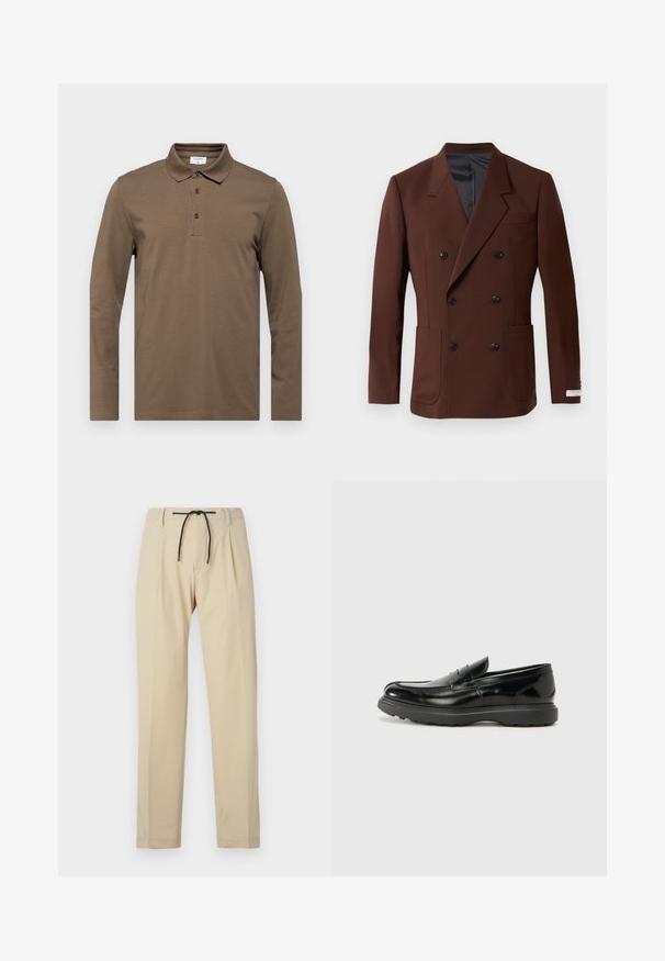 Hnedý dvojradový blejzer s klopami, dvoma prednými vreckami, čiernymi gombíkmi a hladkým vnútorným podšívkou. Prispôsobený strih.; Hnedý polokošeľ s dlhým rukávom vyrobený z jemného materiálu, s klasickým golierom, trojicou gombíkov a jemnými detailmi šitia.; Béžové nohavice s rovný fit, so sťahovacím pásom, plisovaným predným dielom a hladkým povrchom. Jednoduchý, všestranný dizajn.; Čierne kožené mokasíny s lesklým povrchom, okrúhlou špicou, subtilnými švami a hrubou gumovou podrážkou pre zvýšenú odolnosť.