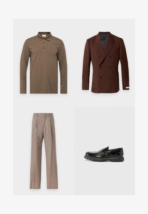 Bruine dubbelbreasted blazer met ingelegde revers, twee voorzakken, zwarte knopen en een gladde binnenvoering. Gepaste pasvorm.; Langsleeve bruin poloshirt gemaakt van zachte stof, met een klassieke kraag, drieknoopsluiting en subtiele stikdetails.; Bruine, hooggewaisted broeken van een gestructureerde stof. Heeft wijde benen en twee voorplooien voor extra structuur. Net afgewerkt zonder zichtbare hardware.; Zwarte leren instapper met een glanzende afwerking, een ronde neus, subtiele stiksels en een dikke rubberen zool voor duurzaamheid.