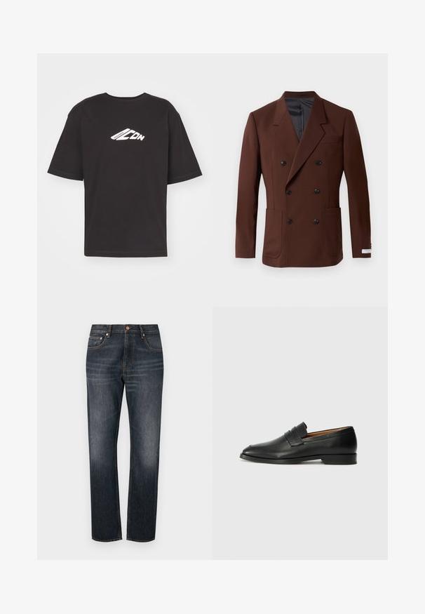 Smeđa dvostruko zatvorena blazer jakna s izrezanim reverima, dva prednja džepa, crnim gumbima i glatkom unutarnjom podstavljanjem. Prilagođeni kroj.; Crna kratkotrajna majica s kratkim rukavima, izrađena od pamuka, s bijelim grafičkim logotipom sprijeda, okruglim izrezom i ravnim rubom.; Tamno plavi traperice s ravnim nogavicama, koje imaju pet džepova, hardver u boji bakra i suptilno izbleđenje na bedrima.; Crni kožni loafer s okruglim vrhom, suptilnim šavovima i niskim petama, s glatkom teksturom i minimalističkim dizajnom.