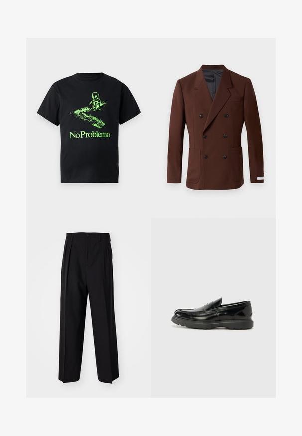 Hnedý dvojradový blejzer s klopami, dvoma prednými vreckami, čiernymi gombíkmi a hladkým vnútorným podšívkou. Prispôsobený strih.; Čierne bavlnené tričko s grafikou zeleného mimozemšťana a textom "No Problemo", s voľným strihom a krátkymi rukávmi.; Čierne skladané nohavice s rovnom, širokým strihom. Vyrobené z hladkého materiálu, s gombíkovým zapínaním a pútkami na opasok.; Čierne kožené mokasíny s lesklým povrchom, okrúhlou špicou, subtilnými švami a hrubou gumovou podrážkou pre zvýšenú odolnosť.