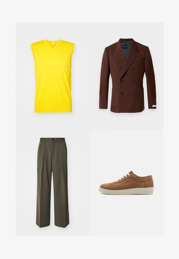 Rudas dvigubas švarkas su įpjautais atlapais, dviem priekiniuose kišenėse, juodais mygtukais ir lygiu pamušalu. Prisiūtas kirpimas.; Geltona be rankovių megztinis su V formos iškirpte, pagamintas iš minkštos medžiagos. Turi banguotą apatinį kraštą ir lygų paviršių, tinkamas šiltam orui.; Filippa K WIDE TROUSERS - Kelnės - driftwood; Rudos suede sportbačiai su baltais raišteliais, apvaliu pirštu ir tekstūruota guma. Yra siuvinėta detalė palei pado kraštą.
