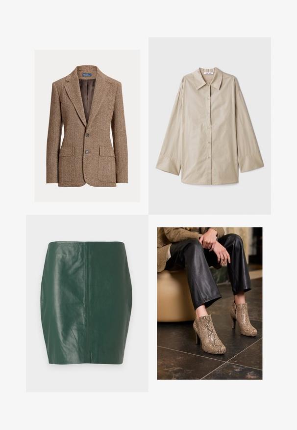 Blazer de lã castanho em padrão espinha de peixe, com lapelas notched, dois botões, bolsos com aba e um forro castanho liso.; Camisa de manga longa bege com um grande colarinho pontiagudo, fecho com botões na frente e punhos largos. Feita de um tecido liso e leve.; Mini saia de pele verde com uma textura suave e uma forma ajustada. Apresenta um design sem costuras, sem fechos ou elementos metálicos visíveis.; Pessoa vestindo calças de couro pretas e botas de salto alto com padrão de pele de cobra bege, sentada em um assento bege dentro de um espaço fechado.