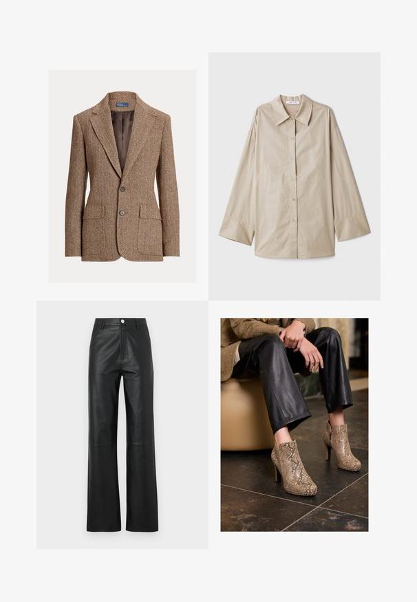 Blazer en laine à chevrons marron avec des revers, deux boutons, poches à rabat et une doublure marron lisse.; Chemise beige à manches longues avec un grand col pointu, fermeture à boutons, et larges poignets. Fabriquée dans un tissu lisse et léger.; Pantalons en cuir noir avec une texture lisse, un design à jambes larges, une fermeture à bouton sur le devant et des détails de couture subtils.; Personne portant un pantalon en cuir noir et des bottines à talons hauts en simili cuir serpent beige, assise sur un siège beige à l'intérieur.
