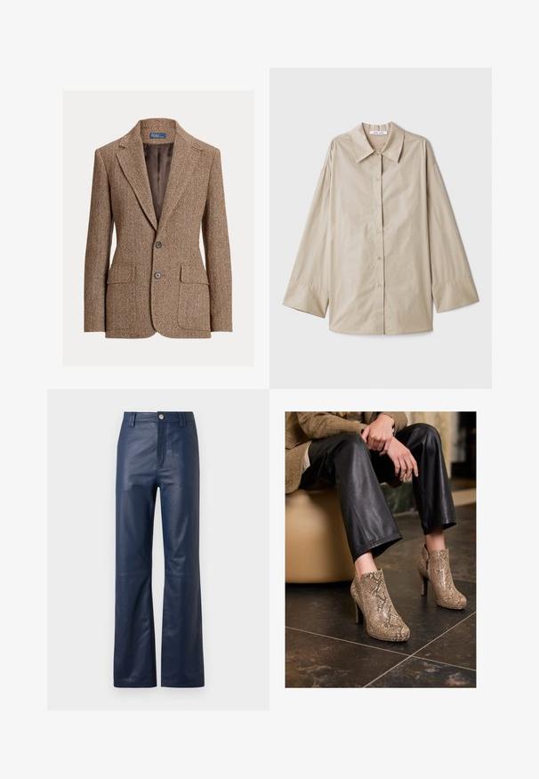 Rjav herringbone volnen blazer z izrezanimi klapami, dvema gumboma, žepoma s poklopcem in gladkim rjavim podplatom.; Bež srajca z dolgimi rokavi, z velikim ostrim ovratnikom, gumbasto sprednjo zaponko in širokimi manšetami. Narejena iz gladkega, lahkega materiala.; Navy modre usnjene hlače s ravnim krojem, z zadrgo spredaj, gumbom za zapiranje in gladko teksturo.; Oseba v črnih usnjenih hlačah in bež visokih čevljih z vzorcem kače, sedeča na bež sedežu v notranjosti.