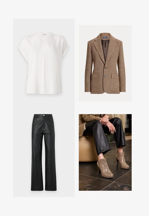 Brown herringbone wool blazer with notched lapels, two buttons, flap pockets, and a smooth brown lining.; White short-sleeve blouse made from a smooth fabric with a V-neckline, featuring rolled sleeves and a relaxed fit. Minimalist design.; Black leather pants with a smooth texture, wide leg design, front button closure, and subtle stitching details.; Person wearing black leather pants and beige snakeskin-patterned high-heeled ankle boots, sitting on a beige seat indoors.