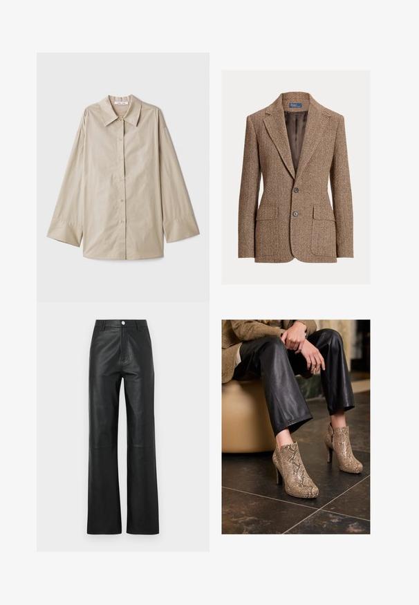 Giacca in panno marrone a spina di pesce con rever a notched, due bottoni, tasche a patta e foderatura marrone liscia.; Camicia beige a maniche lunghe con un ampio colletto a punta, chiusura con bottoni e polsini larghi. Realizzata in un tessuto morbido e leggero.; Pantaloni in pelle nera con una texture liscia, design a gamba larga, chiusura anteriore con bottone e dettagli di cucitura discreti.; Persona vestita con pantaloni in pelle nera e stivali alla caviglia con tacco alto in pelle d'anguilla beige, seduta su una sedia beige all'interno.