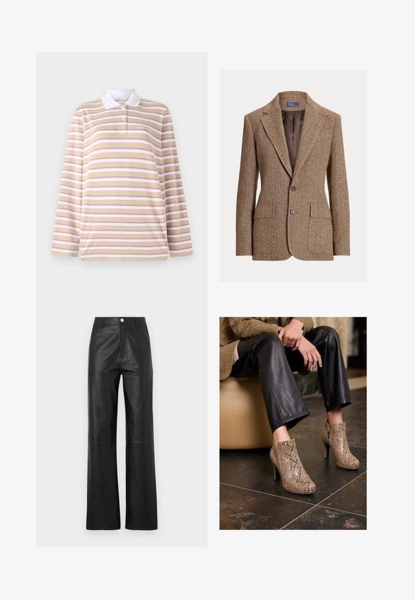 Hnědý blazér z vlněného žerzeje s rybí kostí, s klopovými límci, dvěma knoflíky, klopovými kapsami a hladkým hnědým podšívkou.; Beige polo tričko s dlouhými rukávy a růžovými a bílými vodorovnými pruhy, s bílým límcem a zapínáním na tři knoflíky. Měkký větší textil.; Černé kožené kalhoty s hladkou texturou, široký střih nohavic, zapínání na knoflík vpředu a jemné švy.; Osoba v černých kožených kalhotách a béžových vysokých botách s hadím vzorem, sedící na béžovém sedadle uvnitř.
