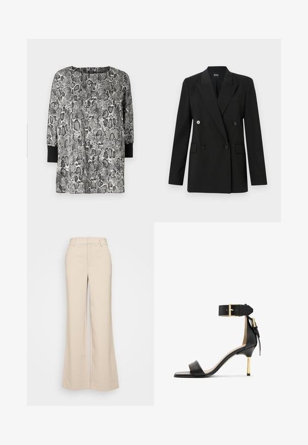 Czarna marynarka dwurzędowa wykonana z materiału o dopasowanym kroju, z dwiema przednimi kieszeniami i błyszczącymi czarnymi guzikami. Strukturalne ramiona i klapy w kształcie notcha.; Bluzka z długim rękawem z czarno-białym wzorem w węża, okrągłym dekoltem i czarnymi mankietami. Wykonana z miękkiego, lekkiego materiału.; Beżowe spodnie szerokie z gładką strukturą, z wysokim stanem i dwoma przednimi kieszeniami. Czysty design o dopasowanym kroju.; Czarne skórzane sandały na obcasie z kwadratowym noskiem, pasek na kostkę z złotą klamrą oraz smukłym metalowym obcasem. Gładka tekstura, minimalistyczny design.