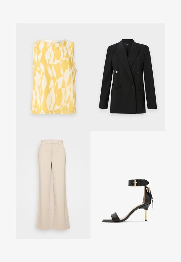 Juodas dvigubas švarkas, pagamintas iš pritaikytos medžiagos, su dviem priekiniais kišenėmis ir blizgiomis juodomis sagomis. Suformuoti pečiai ir pjūvio apykaklė.; Geltonos ir baltos spalvos be rankovių palaidinė su banguotu raštu. Pagaminta iš lengvos medžiagos, turi apvalų iškirpimą ir raktinės formos atvirą nugarėlę.; Bežiniai plačios kojos kelnes su lygiu paviršiumi, turinčios aukštą liemenį ir dvi priekinės kišenes. Švarus dizainas su pritaikytu siluetu.; Juodas odinis aukštakulnis šlepetės su kvadrato formos pirštu, kulkšnies dirželiu su auksiniu užsegimu ir liesu metaliniu kulnu. Lygus paviršius, minimalistinis dizainas.