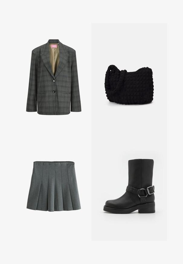 Blazer din carouri gri închis cu rever în formă de notch, două butoane, buzunare frontale cu flaps și căptușeală bej.; Next HEAVYWEIGHT SHORT SLEEVE CREW NECK STANDARD - Tricou cu imprimeu - chocolate brown; Fustă plisată gri, realizată dintr-un material moale și texturat. Dispune de un brâu ajustat și plisuri stratificate pentru libertatea de mișcare.; Botine negre din piele, cu vârful rotund, toc gros și o curea decorativă în jurul gleznei. Finisaj texturat.; Geantă dintr-un material textil negru, cu un model texturat și matlasat. Formă rotundă, mânere scurte și groase, și o structură moale, flexibilă.