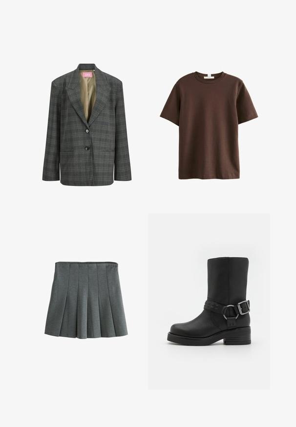 Blazer à carreaux gris foncé avec revers en notch, deux boutons, poches avant passepoilées et doublure intérieure beige.; Next HEAVYWEIGHT SHORT SLEEVE CREW NECK STANDARD - T-shirt imprimé - chocolate brown; Jupe plissée grise en tissu léger, dotée d'une taille ajustée et de plis structurés qui créent une silhouette évasée.; Botte cheville en cuir noir avec un bout rond, un talon épais et une sangle décorative à boucle autour de la cheville. Fini texturé.
