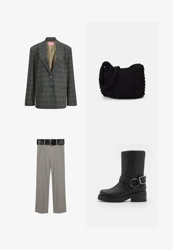 Dunkelgrauer Karoblazer mit Reverskragen, zwei Knöpfen, vorderen Eingrifftaschen und beigem Innenfutter.; Next HEAVYWEIGHT SHORT SLEEVE CREW NECK STANDARD - T-Shirt print - chocolate brown; Grau maßgeschneiderte Hosen aus glattem Stoff, mit einem weit geschnittenen Design und einem schwarzen Gürtel mit einer silbernen runden Schnalle.; Schwarze Lederstiefelette mit runder Zehenpartie, dickem Absatz und einem dekorativen Riemen mit Schnalle um den Knöchel. Strukturiertes Finish.; Schwarze Stofftasche mit einer strukturierten, gesteppten Oberfläche. Abgerundete Form, kurze, dicke Griffe und eine weiche, flexible Struktur.