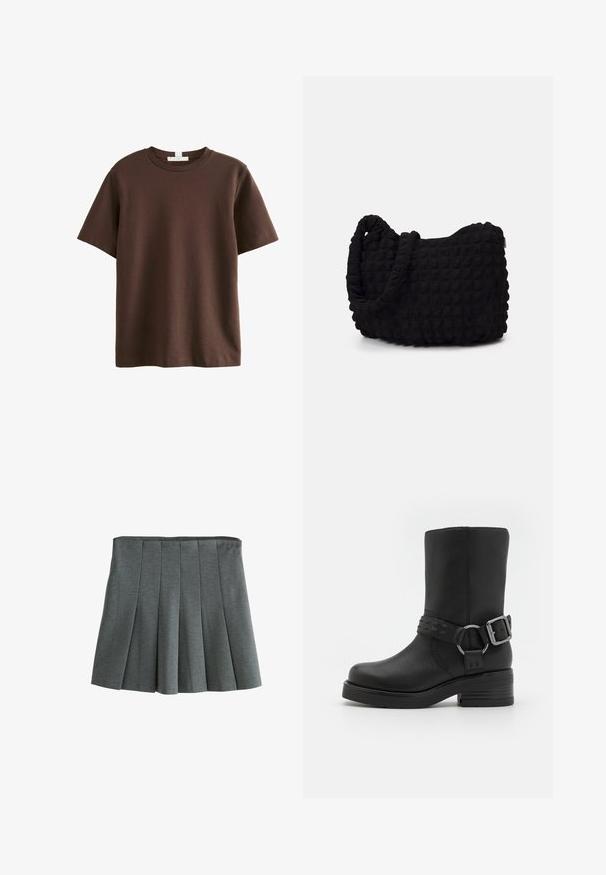 Tamsiai pilkas languotas švarkas su įpjovimais, dviem mygtukais, priekiniais kišenėmis ir šviesiai rudais pamušalu.; Next HEAVYWEIGHT SHORT SLEEVE CREW NECK STANDARD - Marškinėliai su spaudiniu - chocolate brown; Pilkos klostuotos sijonas iš lengvos medžiagos, turintis prigludusią liemenę ir struktūrinius klostes, kurios sukuria platėjantį siluetą.; Juodos odinės kulkšninių batai su apvaliu smaigaliu, storu kulnu ir dekoratyvine sagtimi aplink kulkšnį. tekstūruotas paviršius.; Juodas audinio maišelis su tekstūruota, siuvinėta raštu. Apvalios formos, trumpi, stori rankenėlės ir minkšta, lanksti struktūra.