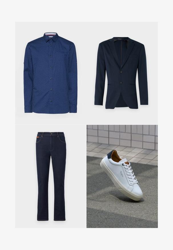 Modra blejzer z izrezom, dvema sprednjima gumboma in enim žepom na prsih, narejen iz gladkega materiala. Prilegajoča se postava.; Mornarsko modra srajca z belimi pikami, dolgi rokavi, z gumbi spredaj, en sam žep na prsih in kontrastna podrobnost na notranjem ovratniku.; Temno modri jeans hlače s ravnim krojem, z oranžnim šivom, petimi žepi in gumbom za zapiranje v pasu.; Beli usnjeni čevelj s plavo peto, okrogelimi prsti in kontrastnimi rjavimi detajli. Ima ravne vezalke in teksturiran gumijast podplat.