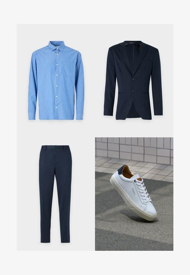Blazer blu navy con rever a scollatura, due bottoni frontali e una tasca sul petto, realizzato in un tessuto liscio. Vestibilità sartoriale.; Camicia a maniche lunghe a righe blu e bianche, con chiusura a bottoni, dotata di colletto classico e una tasca sul petto. Materiale in morbido cotone.; Pantaloni tailored blu navy con vestibilità dritta, dotati di chiusura a bottoni e passanti per cintura. Realizzati in tessuto morbido e leggero.; Sneaker bianca in pelle con tallone blu, punta rotonda e accenti marroni a contrasto. Presenta lacci piatti e suola in gomma testurizzata.