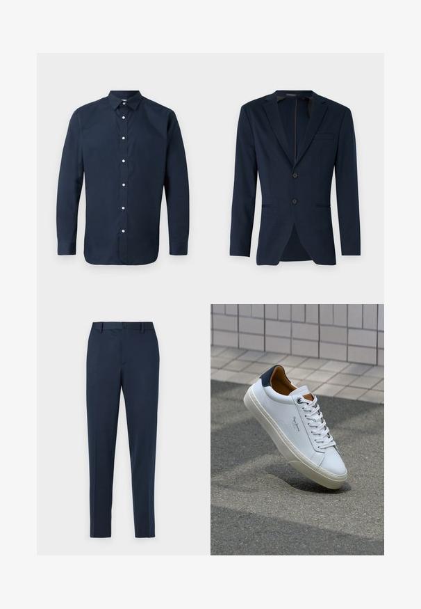 Navy blue blazer with a notched lapel, two front buttons, and a single chest pocket, made from a smooth fabric. Tailored fit.; Navy blue long-sleeve shirt made of smooth cotton with a spread collar, front button placket, and buttoned cuffs. No visible patterns.; Navy blue tailored trousers with a straight fit, featuring a button closure and belt loops. Made from smooth, lightweight fabric.; White leather sneaker with a navy heel, round toe, and contrasting brown accents. Features flat laces and textured rubber sole.