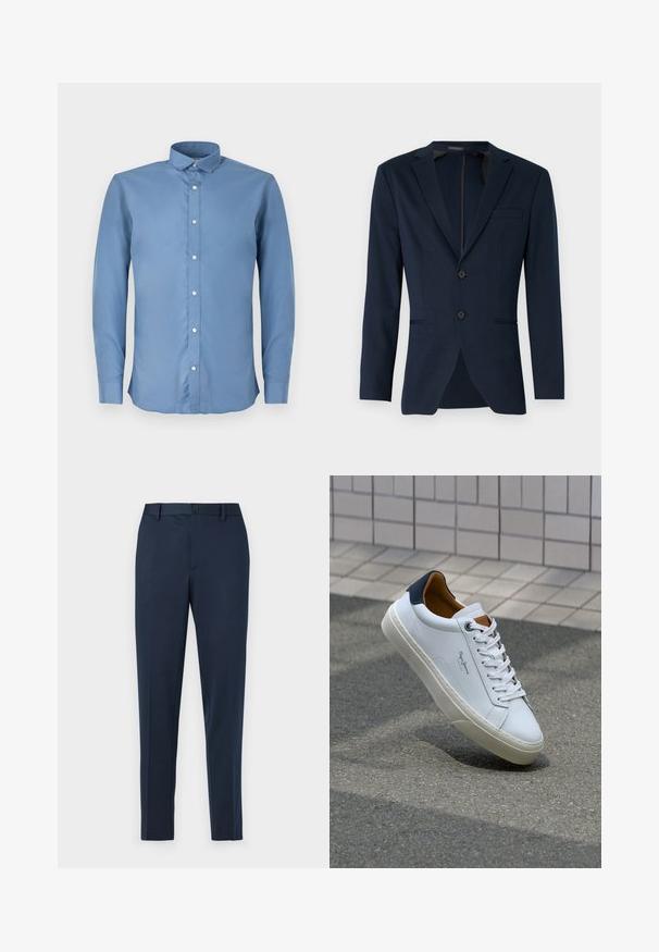 Tumesinine blazer, millel on nööpauk ja kaks eesmist nööpi, ning üks rinnatasku, valmistatud siledast kangast. Kohandatud lõige.; Heledasinine pikkade varrukatega särk, millel on klapiga krae, sile tekstuur ja kuus valget nööpi esiosa ääres.; Tumed sinised vooderdatud püksid sirge istuvusega, millel on nööbikinnitus ja vööauged. Valmistatud siledast, kergekaalulisest kangast.; Valge nahast tennis, millel on tumesinine konts, ümmargune nina ja kontrastsed pruuni aktsendid. Omab lamepaelti ja tekstureeritud kummist tallat.