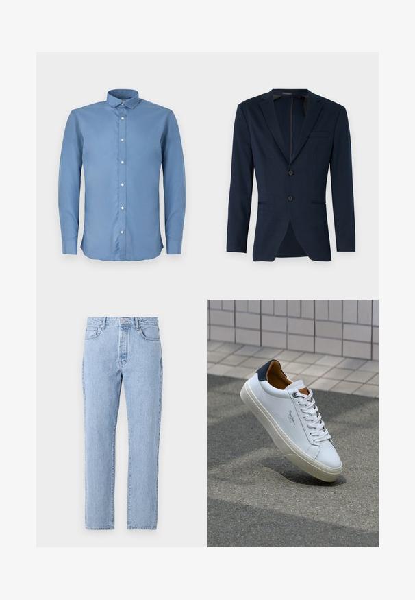 Modra blejzer z izrezom, dvema sprednjima gumboma in enim žepom na prsih, narejen iz gladkega materiala. Prilegajoča se postava.; Svjetloplava košulja dugih rukava s prirodnim ovratnikom, koja ima glatku teksturu i šest bijelih dugmadi na prednjem dijelu.; Svetlo modri kavbojki s ravnim krojem, petimi žepi in gumbom za zapenjanje. Mehka tekstura z klasičnim bledim videzom.; Beli usnjeni čevelj s plavo peto, okrogelimi prsti in kontrastnimi rjavimi detajli. Ima ravne vezalke in teksturiran gumijast podplat.