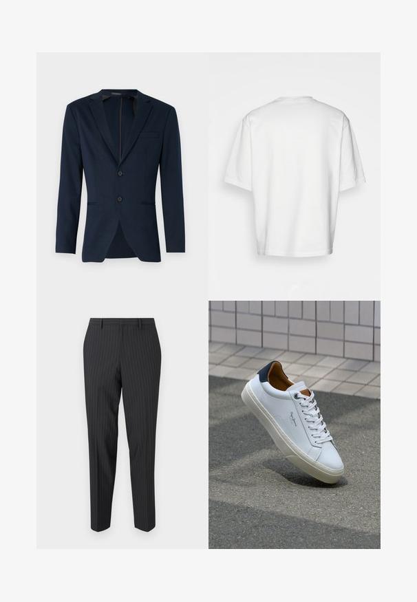 Μπλέ σακάκι με πέτο, δύο μπροστινά κουμπιά και μία τσέπη στο στήθος, κατασκευασμένο από λεία ύφασμα. Κουμπωτό.; Λευκό κοντομάνικο μπλουζάκι, χαλαρή εφαρμογή, στρογγυλή λαιμόκοψη, απαλό βαμβακερό ύφασμα, χωρίς διακοσμητικά στην πλάτη, ίσια γραμμή στο κάτω μέρος, χωρίς σχέδια ή αξεσουάρ.; Σκούρο γκρι παντελόνι με κάθετες ρίγες, σχέδιο άνετης εφαρμογής, λεία υφή, επίπεδο μπροστινό μέρος, χωρίς ορατές τσέπες ή διακοσμητικά στοιχεία.; Λευκό δερμάτινο αθλητικό παπούτσι με ναυτική φτέρνα, στρογγυλή μύτη και αντίθετα καφέ αξεσουάρ. Διαθέτει επίπεδους κορδόνες και υφή από καουτσούκ στη σόλα.