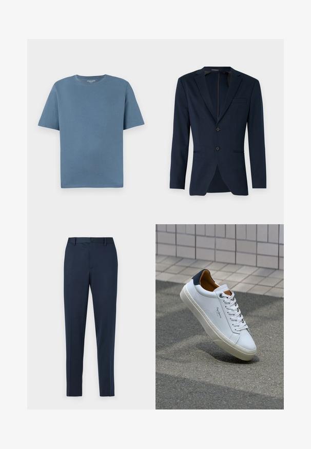 Mørkeblå blazer med klapkrave, to frontknapper og en enkelt brystlomme, lavet af et glat stof. Skræddersyet pasform.; Rundhalset t-shirt med korte ærmer i blød blå bomuld. Har en afslappet pasform og syninger på kanten. Ingen mønstre eller yderligere detaljer.; Marineblå skræddersyede bukser med lige pasform, featuring knaplukning og bæltestropper. Fremstillet af glat, letvægtsstof.; Hvide lædersneakers med en marineblå hæl, rund tå og kontrasterende brune detaljer. Har flade snørebånd og en tekstureret gummisål.