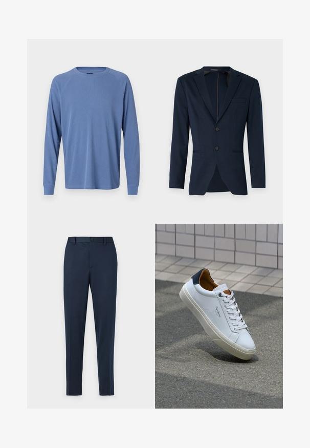 Navy blue blazer with a notched lapel, two front buttons, and a single chest pocket, made from a smooth fabric. Tailored fit.; Long-sleeve, crew-neck shirt in light blue, featuring a textured ribbed design and raglan sleeves with fitted cuffs.; Navy blue tailored trousers with a straight fit, featuring a button closure and belt loops. Made from smooth, lightweight fabric.; White leather sneaker with a navy heel, round toe, and contrasting brown accents. Features flat laces and textured rubber sole.