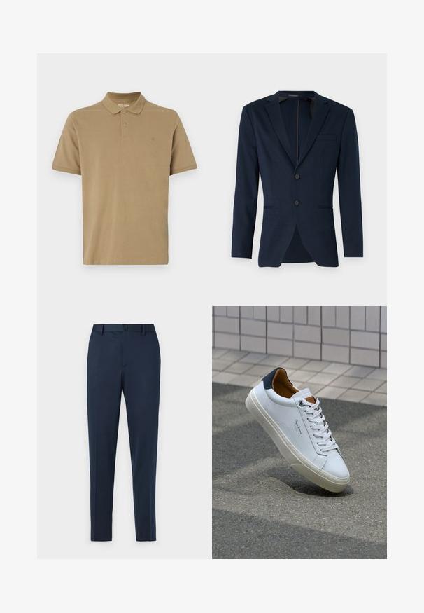 Tummansininen pukuverho, jossa on satiinireunus, kaksi etupainiketta ja yksi rintatasku, valmistettu sileästä kankaasta. Slim fit -malli.; Khaki-polo-paita, joka on valmistettu puuvillasta. Siinä on kaulus, kaksinappinen nappitus, lyhyet hihat ja pieni logo rinnassa. Tasainen rakenne.; Sininen ja valkoinen raidallinen pitkähihaisista paitaa, napitettava muotoilu, jossa on klassinen kaulus ja yksi rintatasku. Pehmeää puuvillamateriaalia.; Sotilaansiniset räätälöidyt housut suoran mitoituksen kanssa, joissa on nappikiinnitys ja vyölenkit. Valmistettu sileästä, kevyestä kankaasta.; Valkoinen nahkakenkä, jossa on tummansininen kantapää, pyöreä kärki ja ristikkäiset ruskeat korostukset. Varustettu tasapaksuilla nauhoilla ja teksturoidulla kumipohjalla.