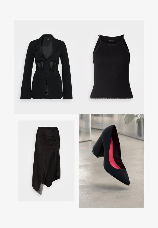 Even&Odd Suknjič - black; Črn rebrast top brez rokavov z valovitimi čipkastimi robovi na dnu. Ima tanke naramnice in oprijet kroj. Narejen je iz raztegljivega materiala.; Črna asimetrična krila iz lahkotnega prozornega materiala, s stranskimi gubami in visokim razporkom za dodano gibljivost.; Črne visoke petke z nazobčanim prstom, teksturirano površino in živahnimi rožnatimi notranjimi deli. Imajo robustno peto z srebrnim akcentom.