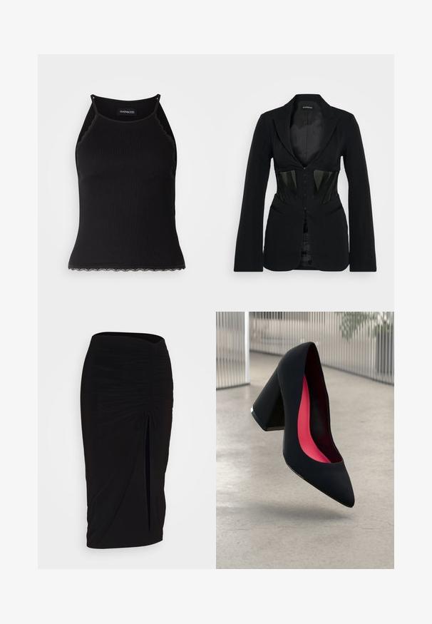 Even&Odd Blejzer - black; Čierny rebrovaný top bez rukávov so zvlneným čipkovým lemovaním na spodnom leme. Má tenké ramienka a priliehavý strih. Vyrobené z elastického materiálu.; Čierna, riasená ceruzková sukňa s viazaním a bočným rozparkom. Vyrobená z elastického materiálu, s hladkou textúrou a priliehavým dizajnom.; Čierna lodička na vysokom opätku s špicatou špičkou, štruktúrovaným povrchom a živým ružovým interiérom. Obsahuje robustný opätok so strieborným akcentom.