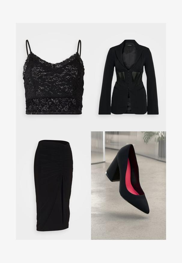 Even&Odd Blazer - black; Svart blond bralette med justerbare spaghetti-stropper, et blomstermønster av blonder, og en solid svart bærestykke nederst.; Svart, rynket blyantskjørt med knyting og sidelits. Laget av et elastisk stoff, med en glatt tekstur og en kroppsnær passform.; Svart høye hæler med spiss tå, teksturert overflate og en livlig rosa innside. Har en kraftig hæl med sølvdetaljer.