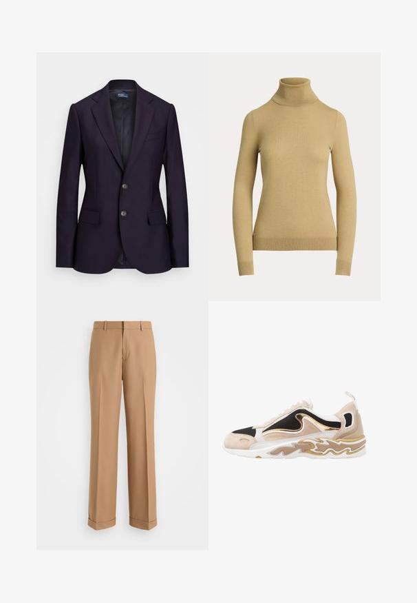 Sacou bleumarin cu un croi ajustat, având două butoane frontale, rever cu decupaj și buzunare pe lateral. Textură netedă, linii clare și fără modele vizibile.; Pulover cu guler înalt, de culoare bej deschis, realizat dintr-un tricot neted și moale. Are mâneci lungi și o siluetă ajustată, cu o margine ribbed.; Pantaloni bej cu croială ajustată, cu un design drept, confecționați dintr-un material moale, având un pliș frontal și manșete rulate la tiv.; Tenis cu un superiore din plasă neagră, detalii din suede bej și un accent metalic auriu. Prezentat cu o talpă albă decorată cu un design în undă.