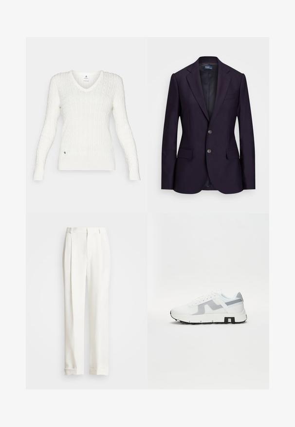Laivastonsininen bleiseri, jossa on räätälöity istuvuus, kahdella etupainikkeella, kapeilla kauluksilla ja sivutaskuilla. Suloinen pinta, siistit linjat ja ei havaittavia kuvioita.; Daily Sports MADELENE - Neule - white; Valkoiset muotitunalatut housut, joissa on kaksi etupuolelta plektiä, suora leikkaus ja käännetyt helmat. Valmistettu sileästä kankaasta, jossa on klassinen muotoilu.; Valkoiset urheilukengät, joissa on harmaita yksityiskohtia, teksturoitu päällinen, paksu pohja ja kontrastivärinen musta kantapää. Nyöritysdesign, jossa on verkkomaiset paneelit.