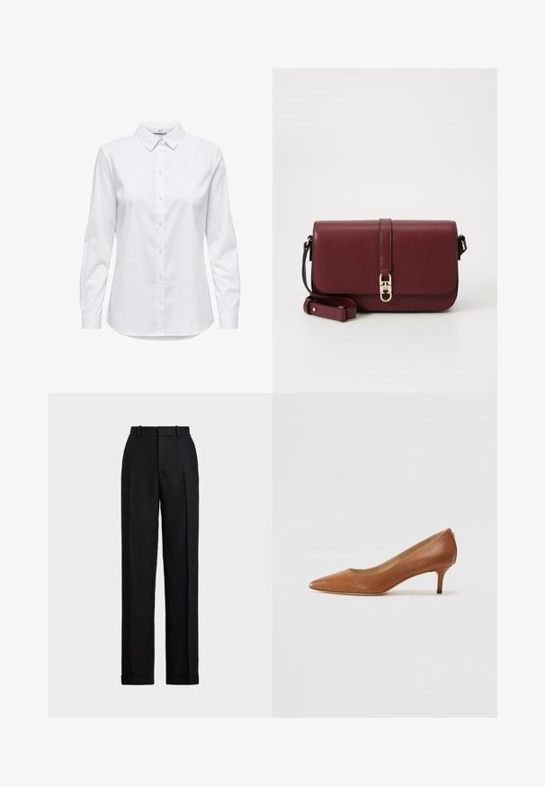 Blazer navy con vestibilità su misura, caratterizzato da due bottoni frontali, rever a linguetta e tasche laterali. Texture liscia, linee pulite e senza motivi visibili.; Camicia bianca con bottoni, maniche lunghe, colletto strutturato e orlo arrotondato. Realizzata in un tessuto liscio e uniforme, senza motivi visibili o dettagli.; Pantaloni neri a vita alta in lino. Presentano una gamba dritta, pieghe pressate e risvolti all'orlo. Nessuna tasca o chiusura visibile.; Lauren Ralph Lauren ADRIENNE - Decolleté - deep saddle tan; Tommy Hilfiger LIBRE FLAP CROSSOVER - Borsa a tracolla - deep rouge