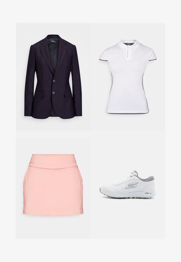 Tengerész navy blézer, testre szabott fazonnal, két elülső gombbal, kivágott hajtókával és oldalsó zsebekkel. Simább textúrájú, letisztult vonalú, látható minták nélkül.; Fehér póló rövid ujjal, gallérral és elől gombos záródással. Fekete díszítések az ujjakon és az oldalvarrásokon. Puha, sima tapintás.; Rózsaszín, rugalmas mini szoknya magas derékkal, sima textúrával és egyenes szabással. Minimális varrás jellemzi, és nincs látható zseb.; Fehér sportcipők texturált hálós felsőrésszel, ezüst részletekkel és könnyű talppal, amelyen kis tapadószögek találhatók, "ULTRA FLIGHT" felirattal.