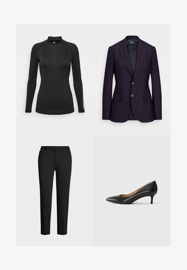 Navy blazer with a tailored fit, featuring two front buttons, notch lapels, and side pockets. Smooth texture, clean lines, and no visible patterns.; Black long-sleeve shirt with a high collar, made from smooth fabric. Features subtle stitching and logo on the sleeve. Slim fit design.; Black tapered pants made from a stretchy fabric, featuring a flat waistband, side pockets, and a smooth, matte texture. No visible fastenings.; Black leather pump with a pointed toe, low heel, and a smooth texture. Features a slight opening at the front and minimal hardware at the back.